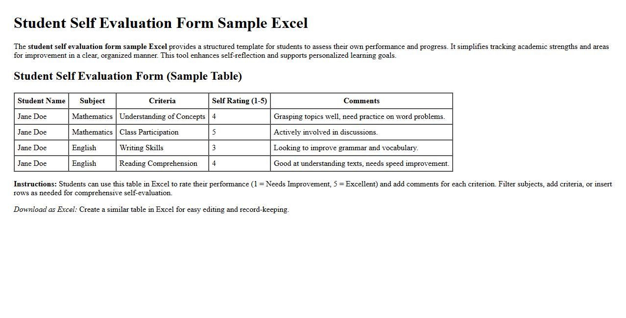 student self evaluation form sample excel image preview