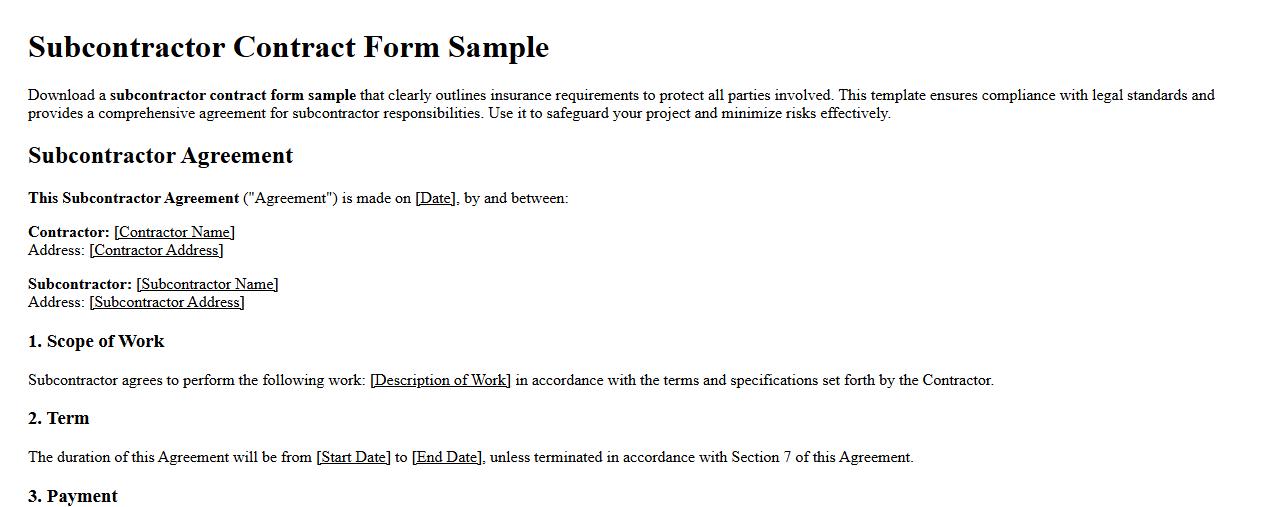 subcontractor contract form sample with insurance requirements image preview