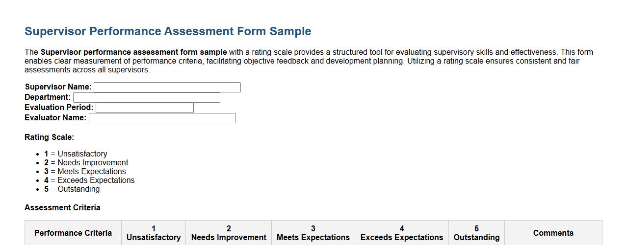 Supervisor performance assessment form sample with rating scale image preview