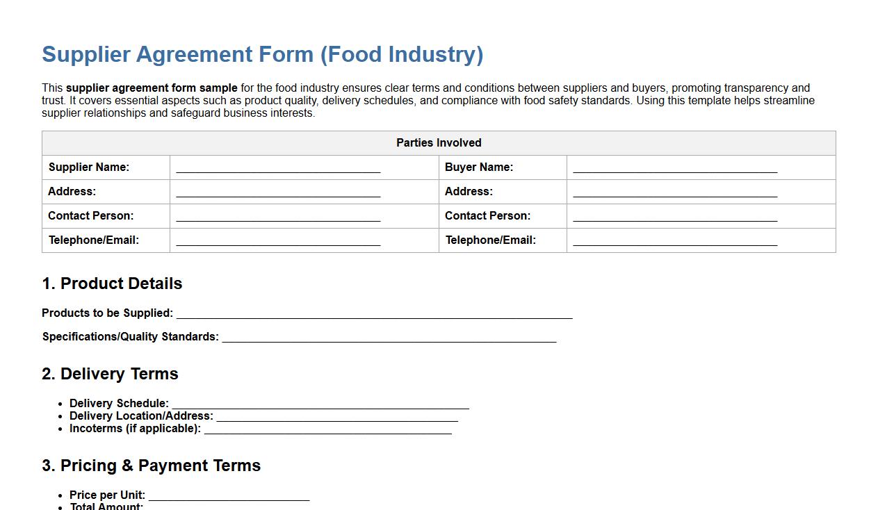 Supplier agreement form sample for food industry image preview