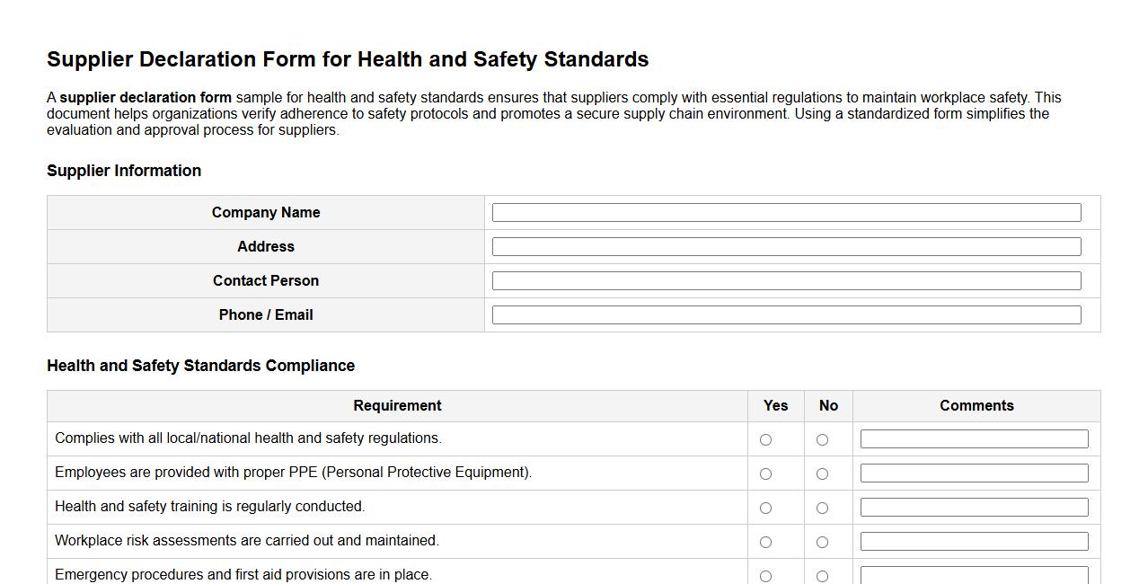 supplier declaration form sample for health and safety standards image preview