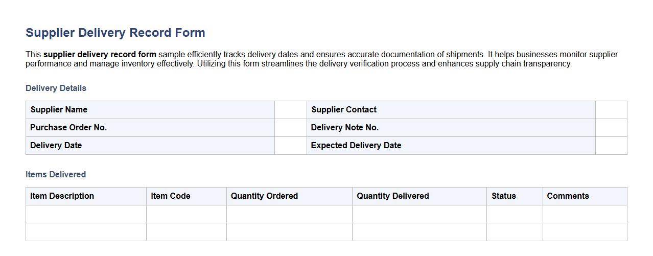 Supplier delivery record form sample with delivery date tracking image preview
