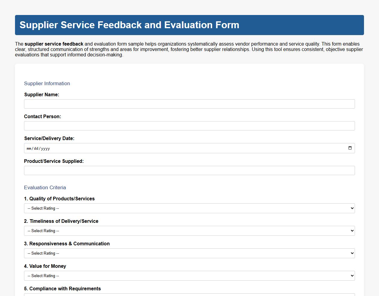 Supplier service feedback and evaluation form sample image preview