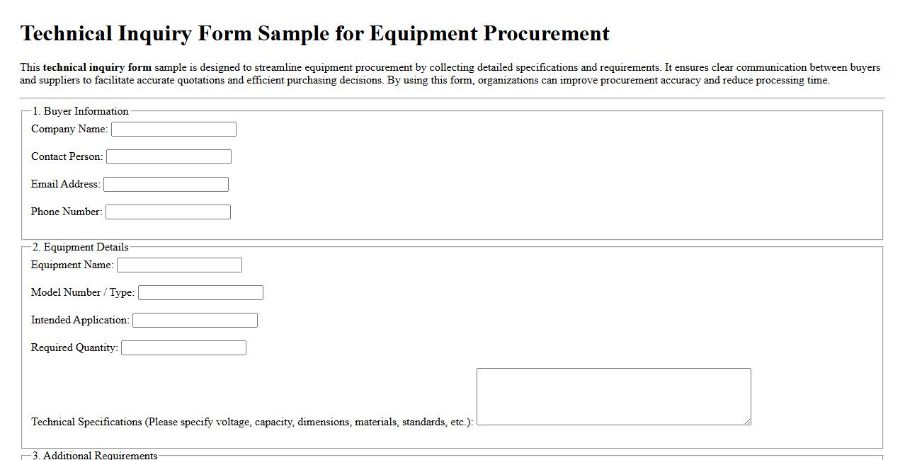 Technical inquiry form sample for equipment procurement image preview
