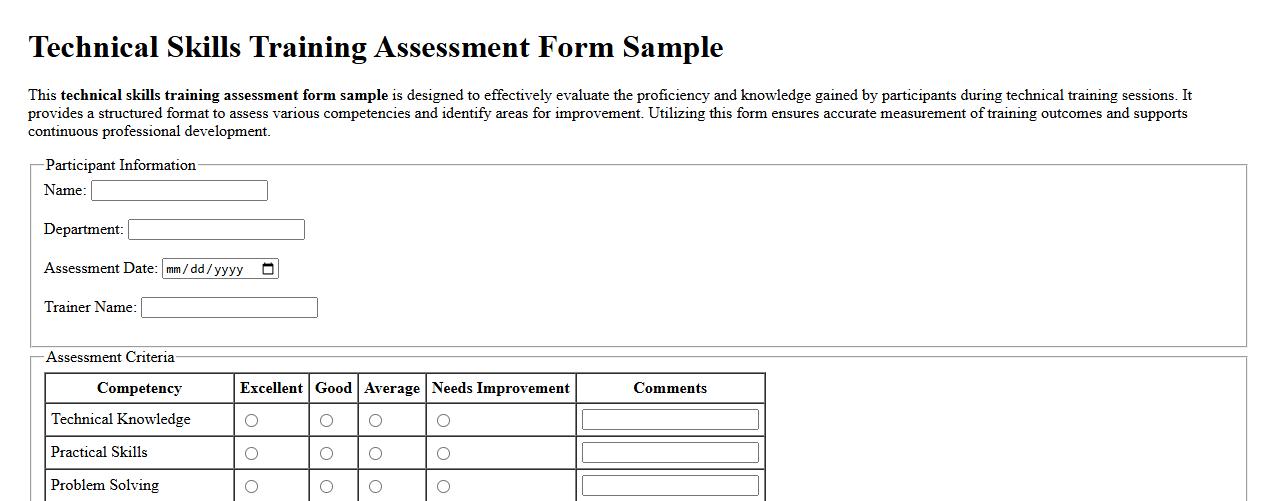 Technical skills training assessment form sample image preview