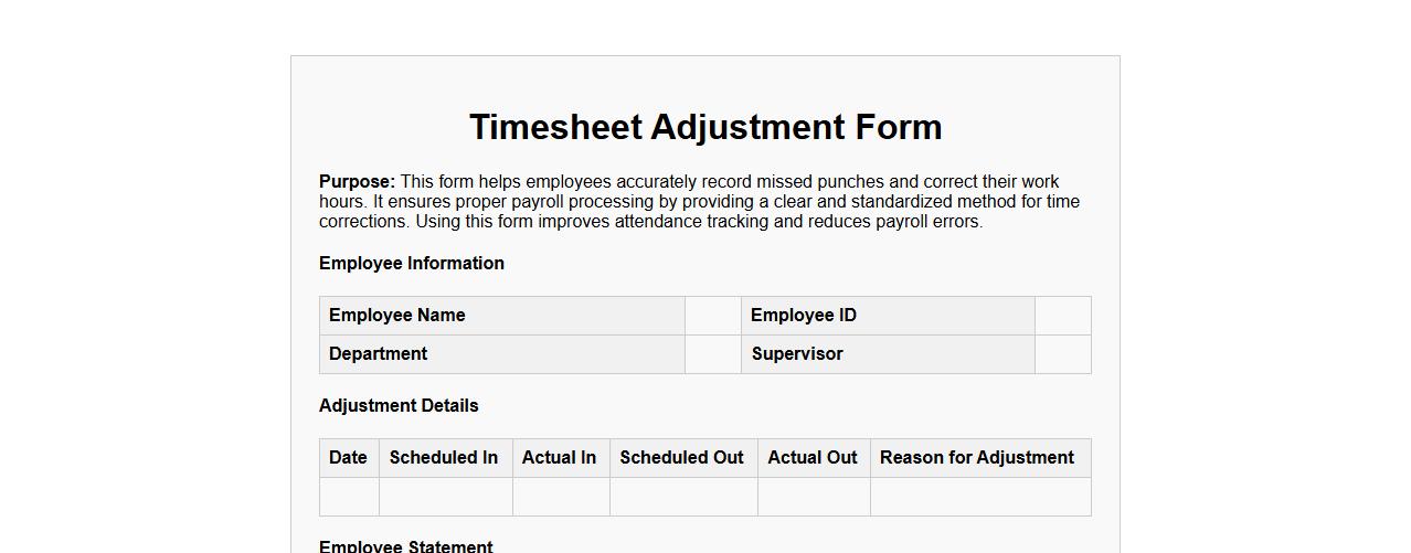 Timesheet adjustment form sample for missed punches image preview