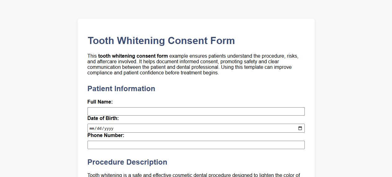 Tooth whitening consent form example for patients image preview