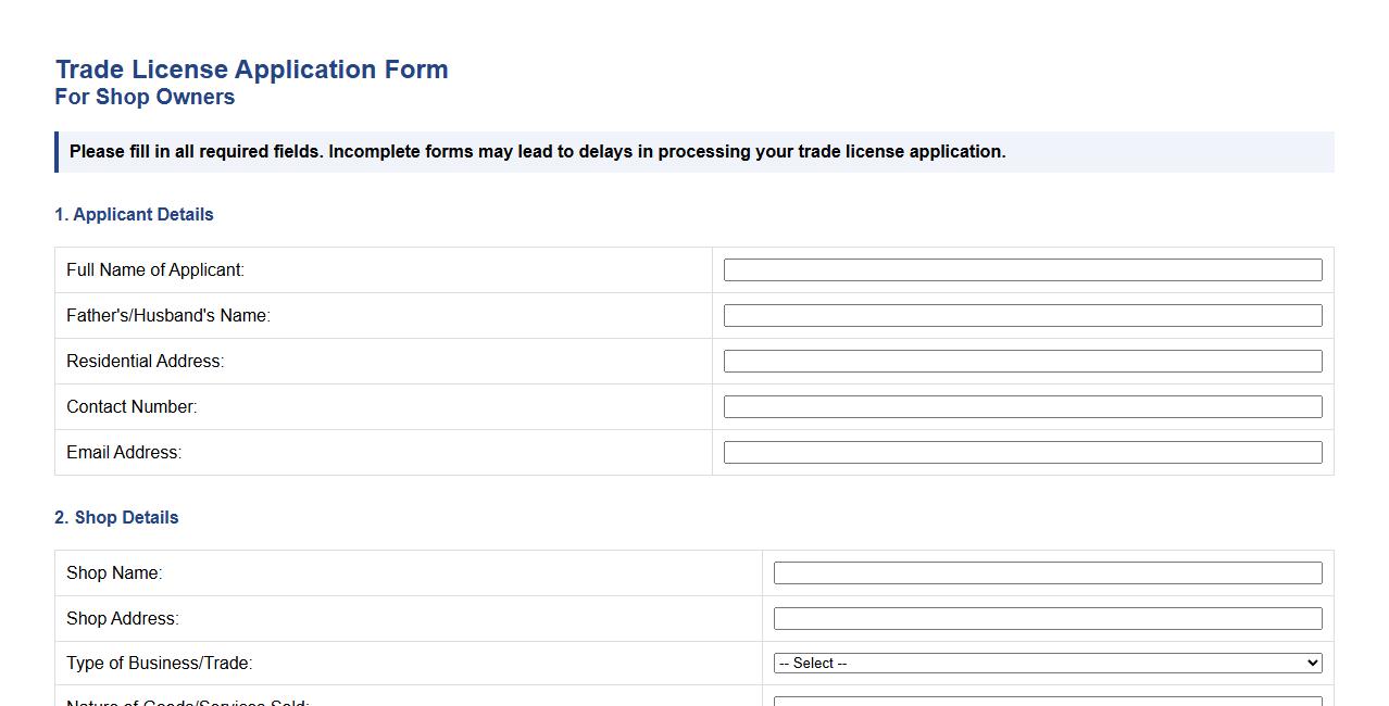 trade license application form sample for shop owners image preview