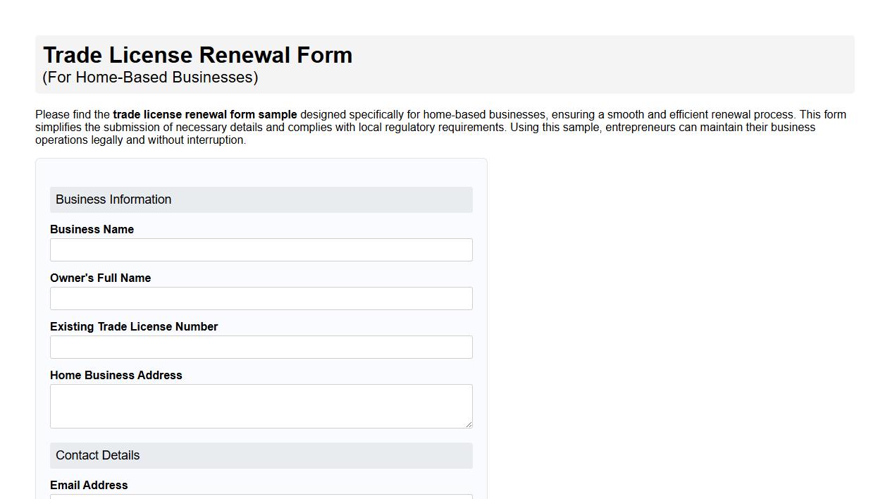 Trade license renewal form sample for home-based businesses image preview