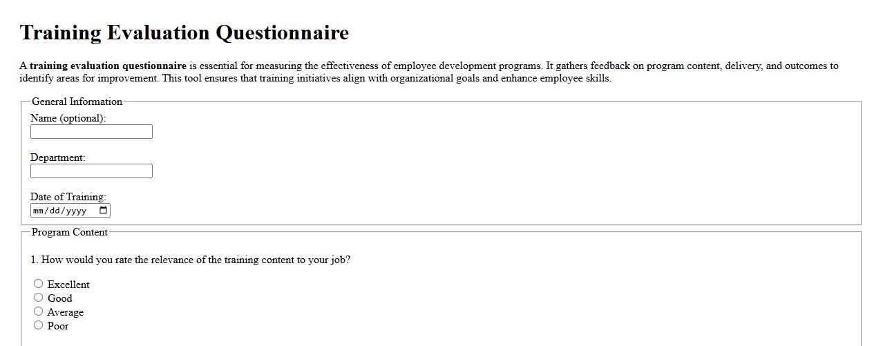 training evaluation questionnaire for employee development programs image preview