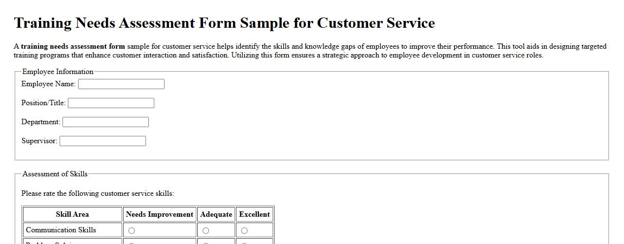 Training needs assessment form sample for customer service image preview