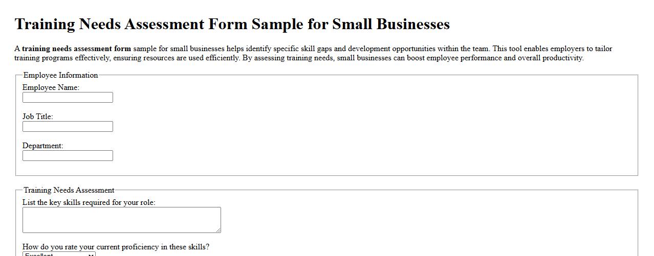 Training needs assessment form sample for small businesses image preview