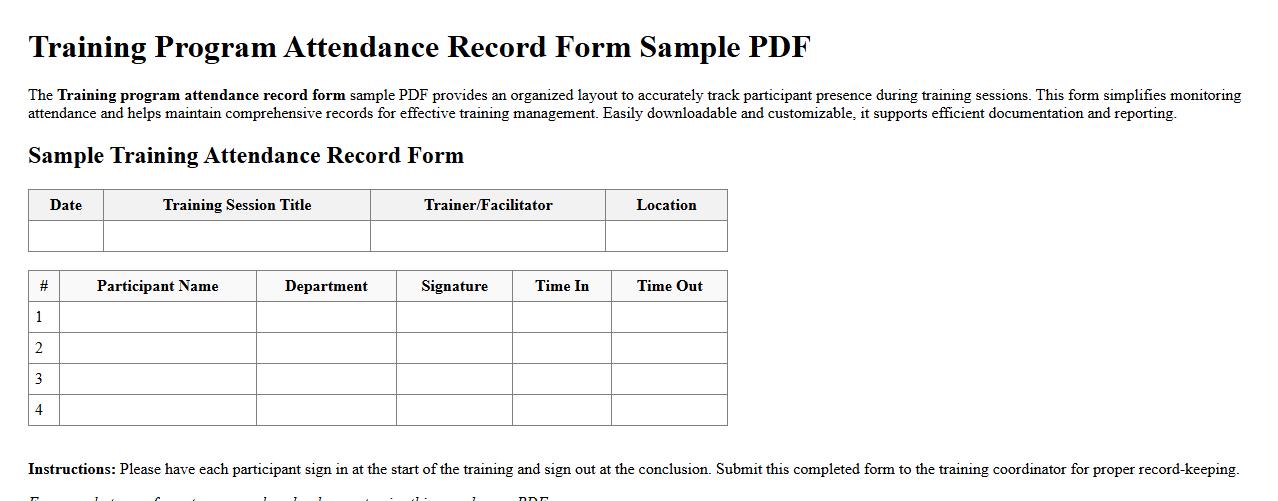 Training program attendance record form sample PDF image preview