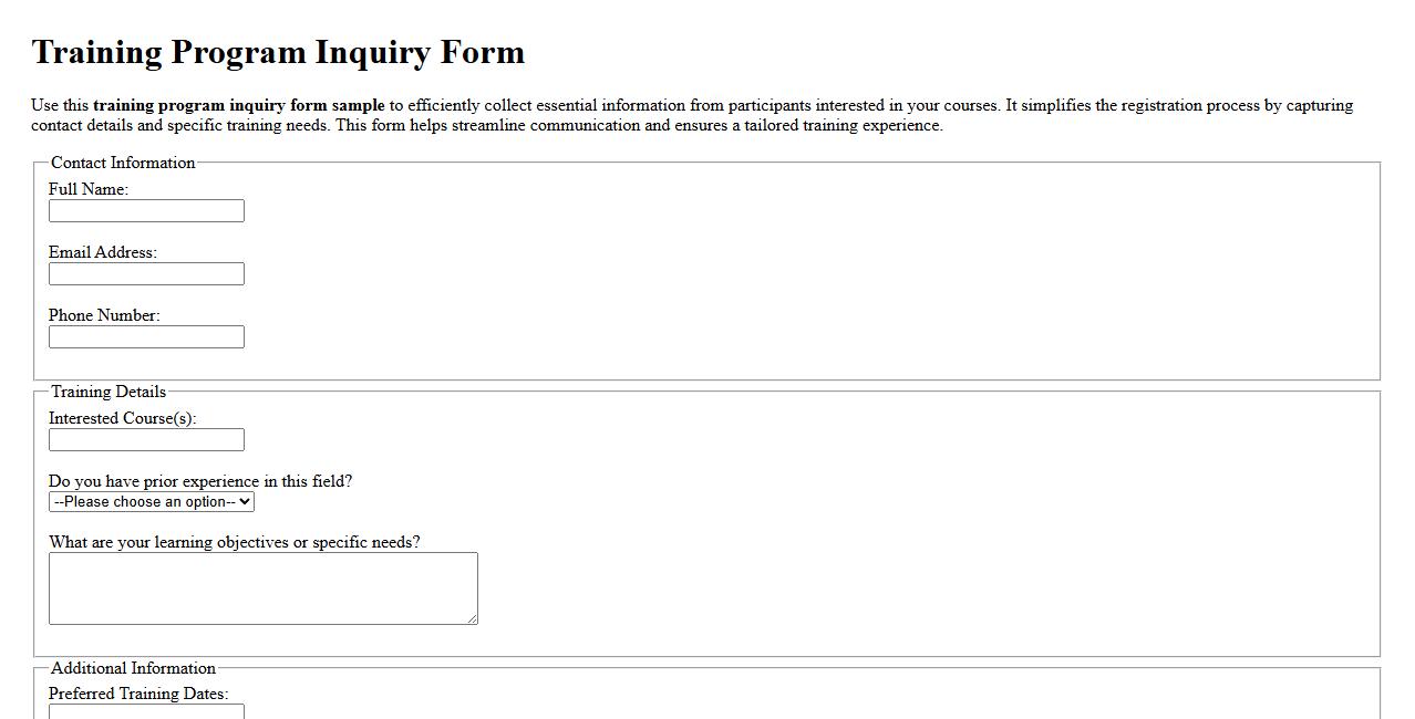 training program inquiry form sample image preview