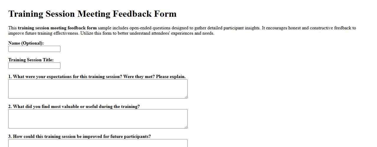 Training session meeting feedback form sample with open-ended questions image preview
