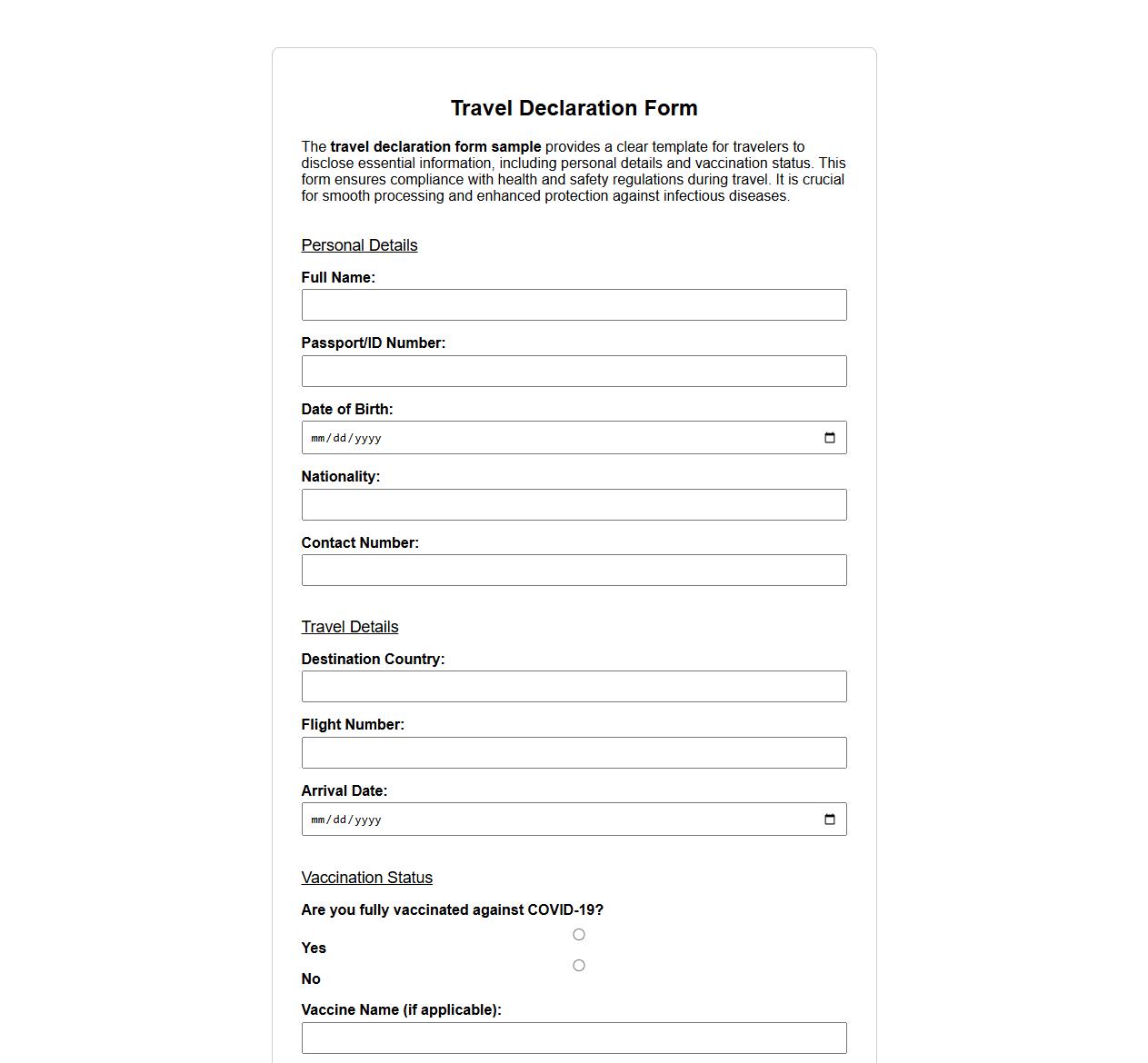 travel declaration form sample including vaccination status image preview