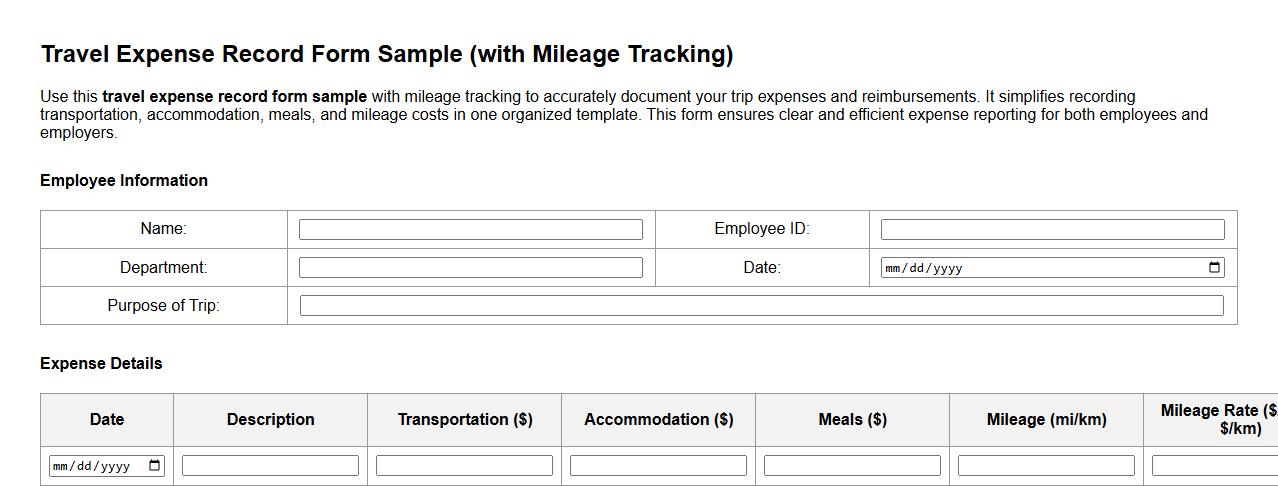 travel expense record form sample with mileage image preview