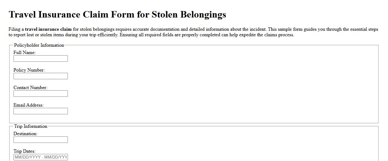 Travel insurance claim form sample for stolen belongings image preview