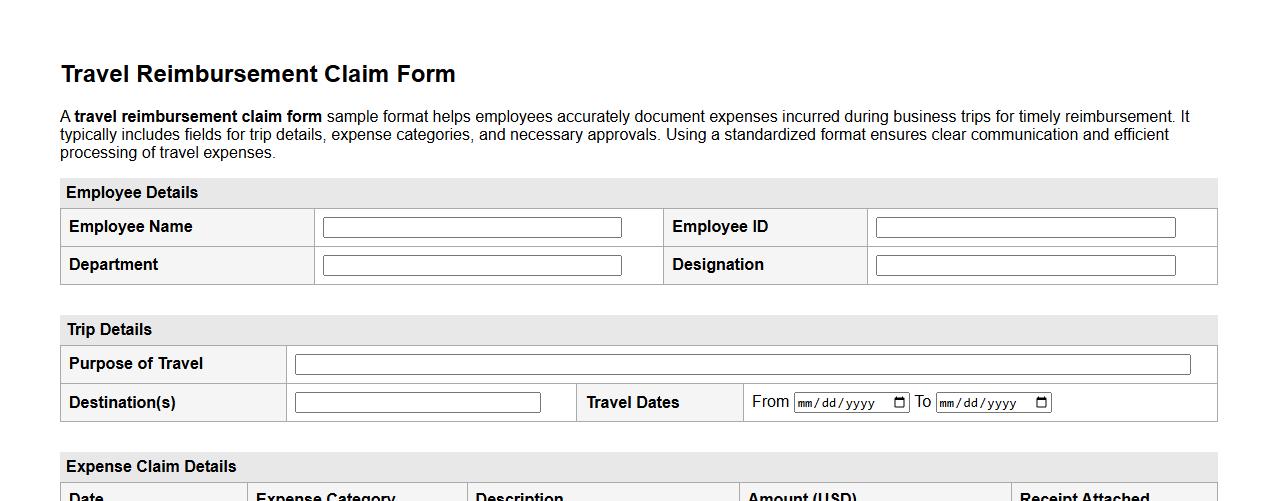Travel reimbursement claim form sample format image preview