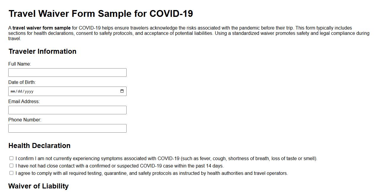travel waiver form sample for COVID-19 image preview