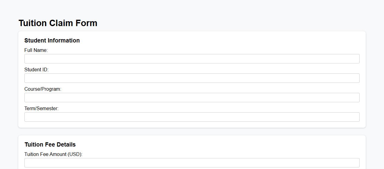 Tuition claim form sample with late payment penalty section image preview