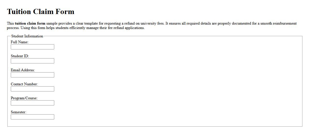 Tuition claim form sample for university fee refund image preview