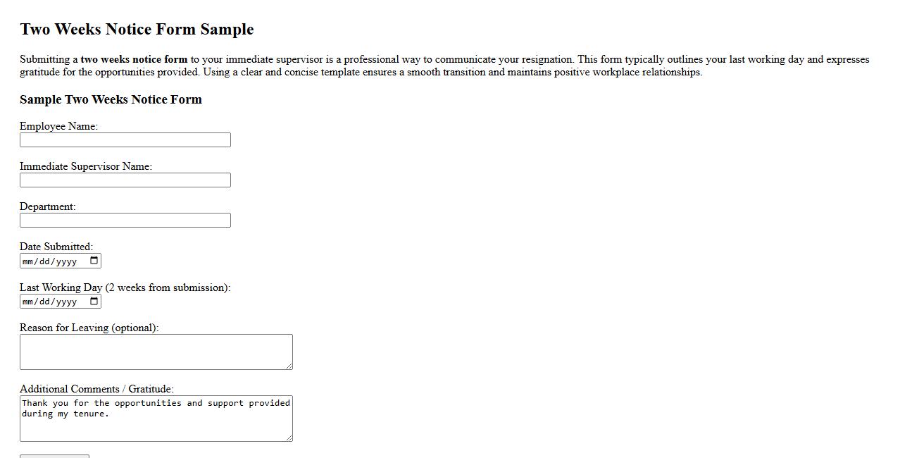 two weeks notice form sample for immediate supervisor image preview