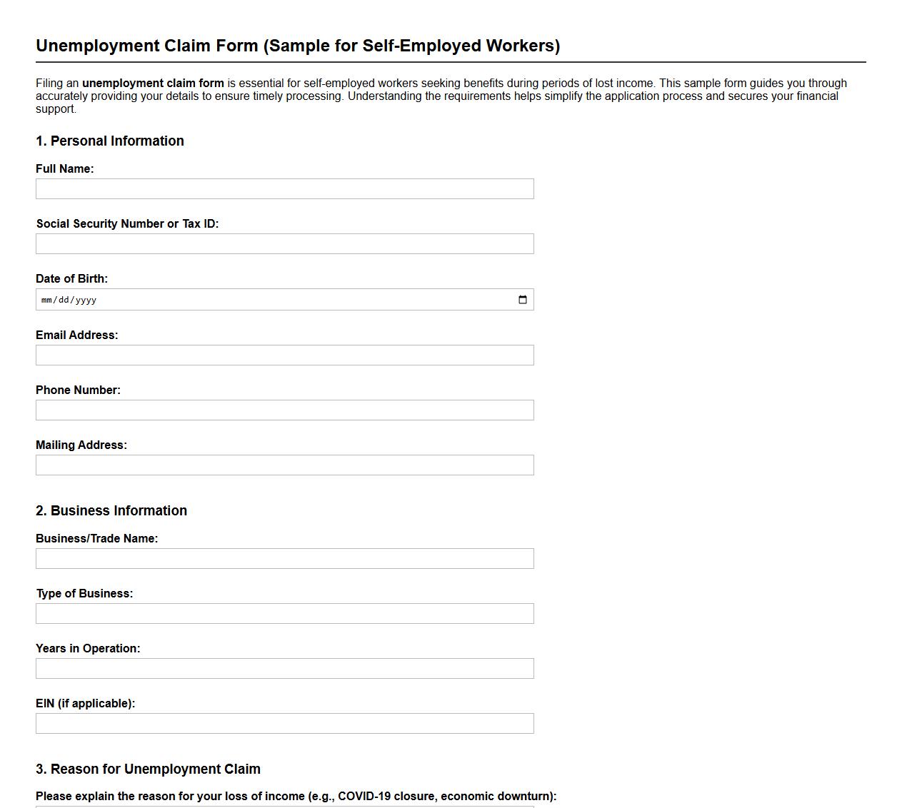Unemployment claim form sample for self-employed workers image preview