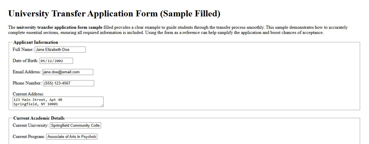 university transfer application form sample filled image preview