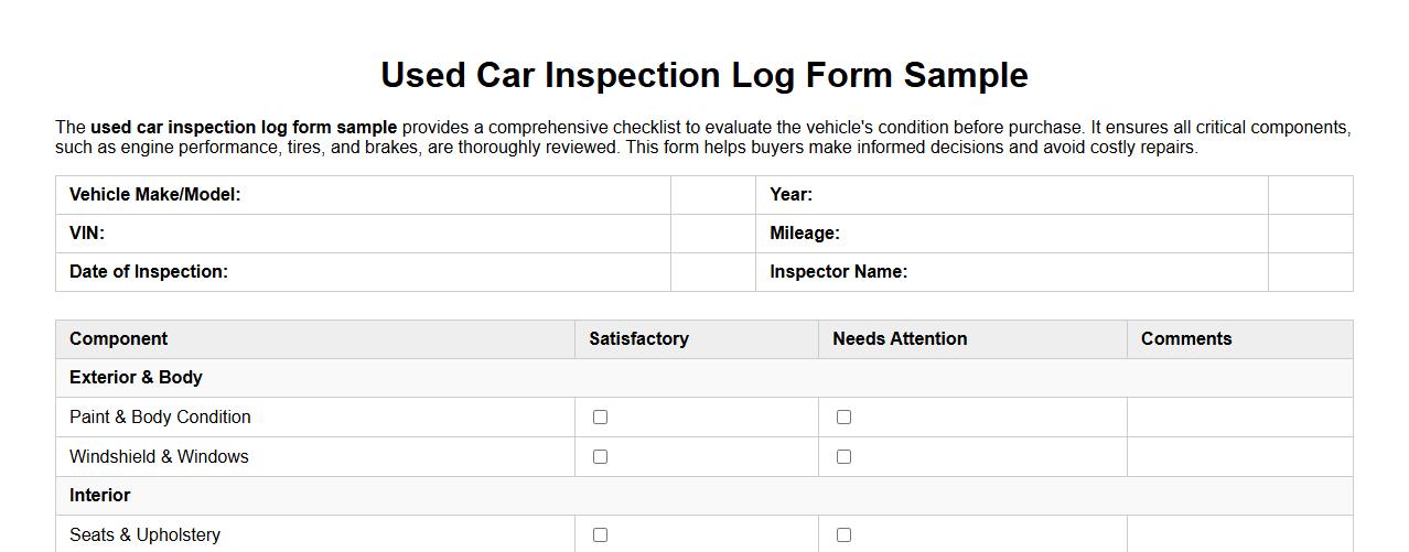 Used car inspection log form sample image preview