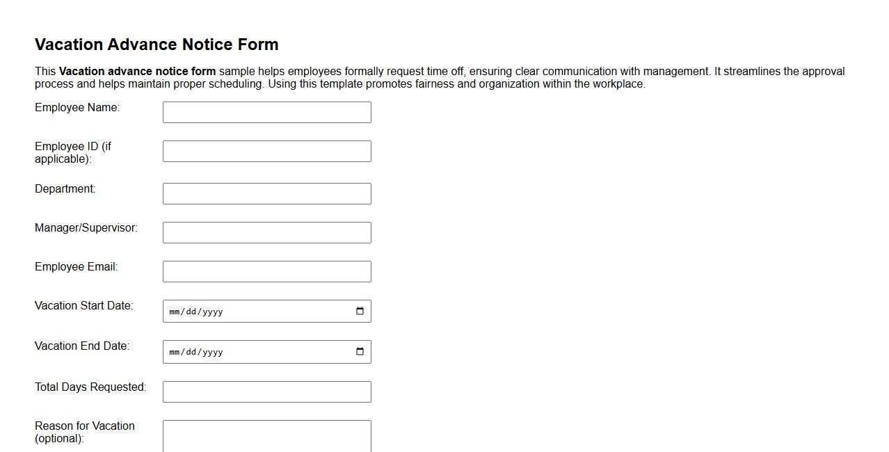 Vacation advance notice form sample for employees image preview