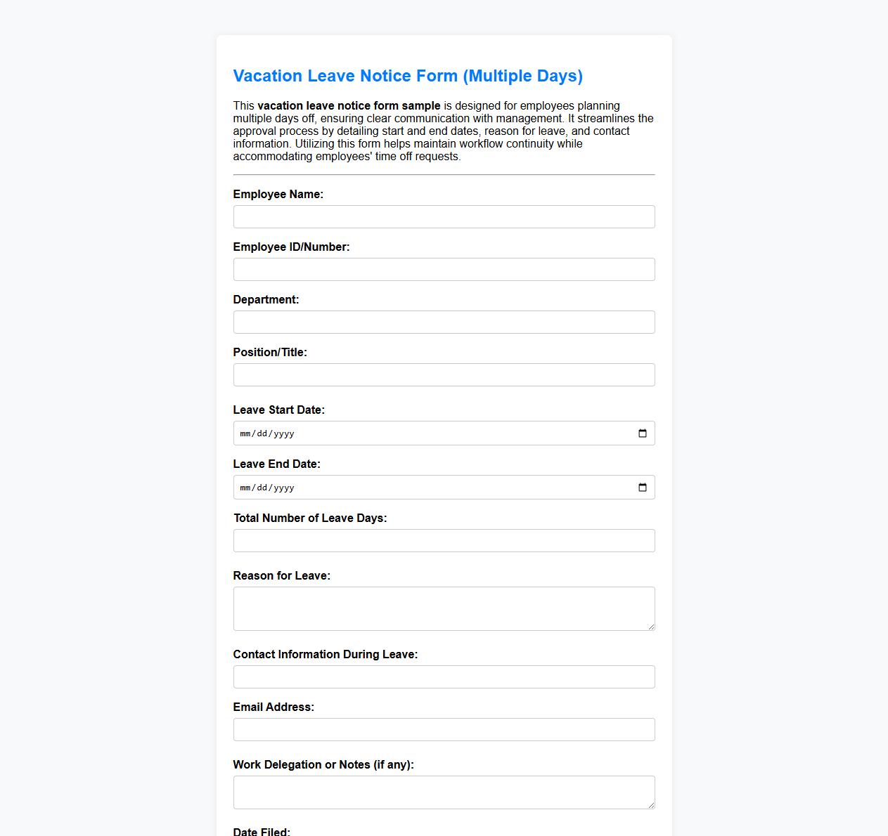 vacation leave notice form sample for multiple days leave image preview