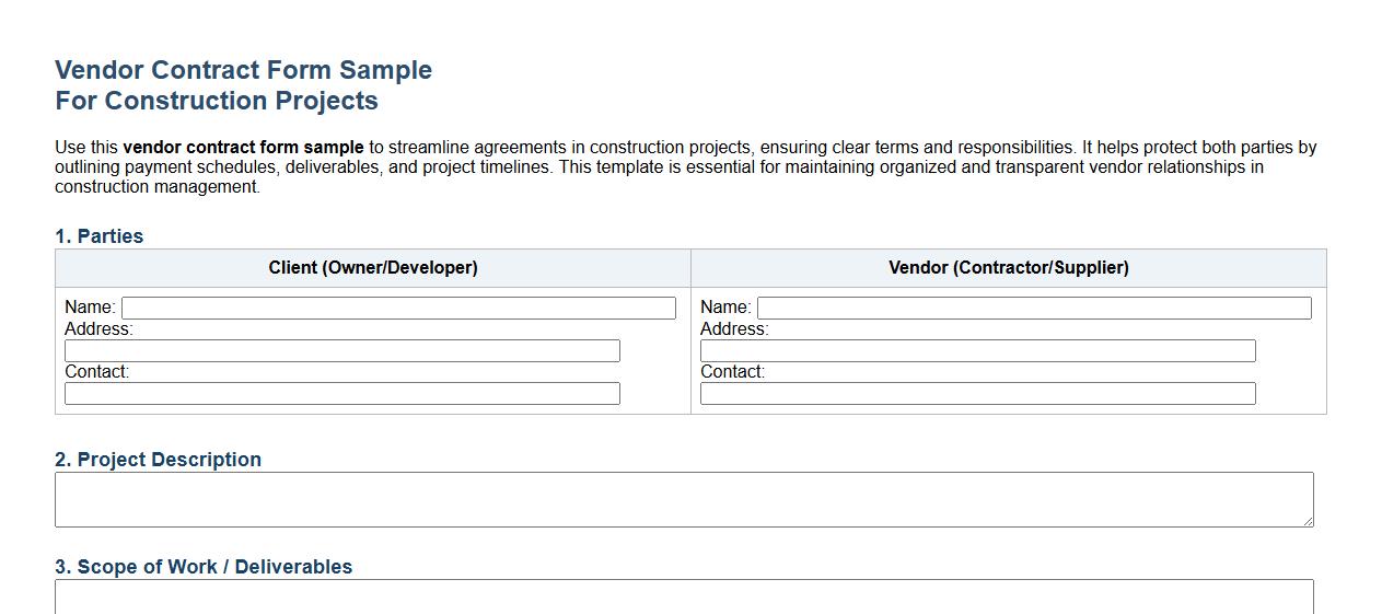 vendor contract form sample for construction projects image preview