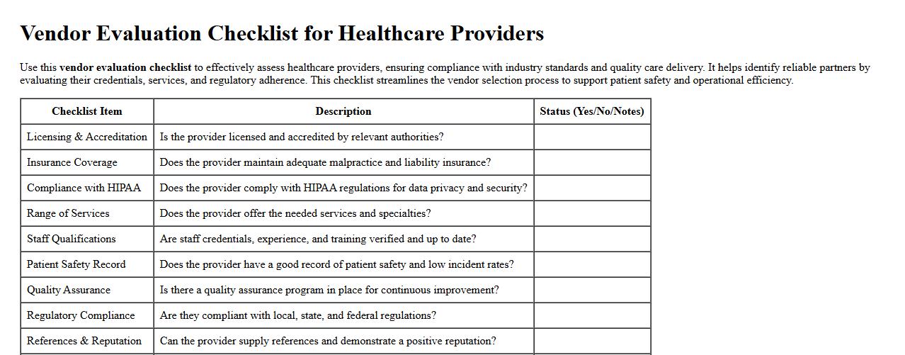 vendor evaluation checklist for healthcare providers image preview