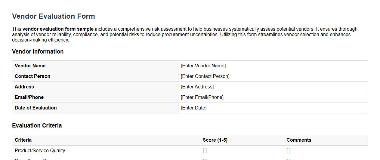 vendor evaluation form sample including risk assessment image preview