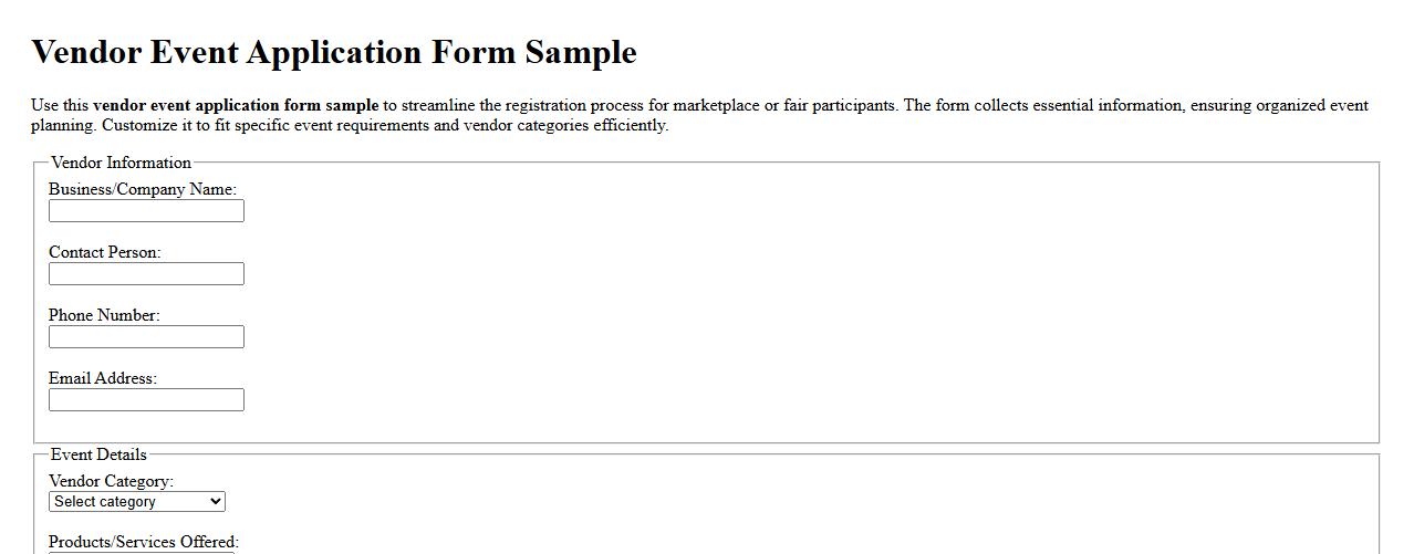 Vendor event application form sample image preview