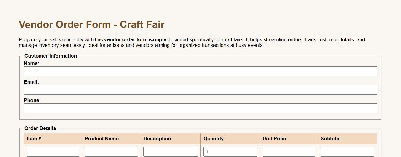 vendor order form sample for craft fairs image preview