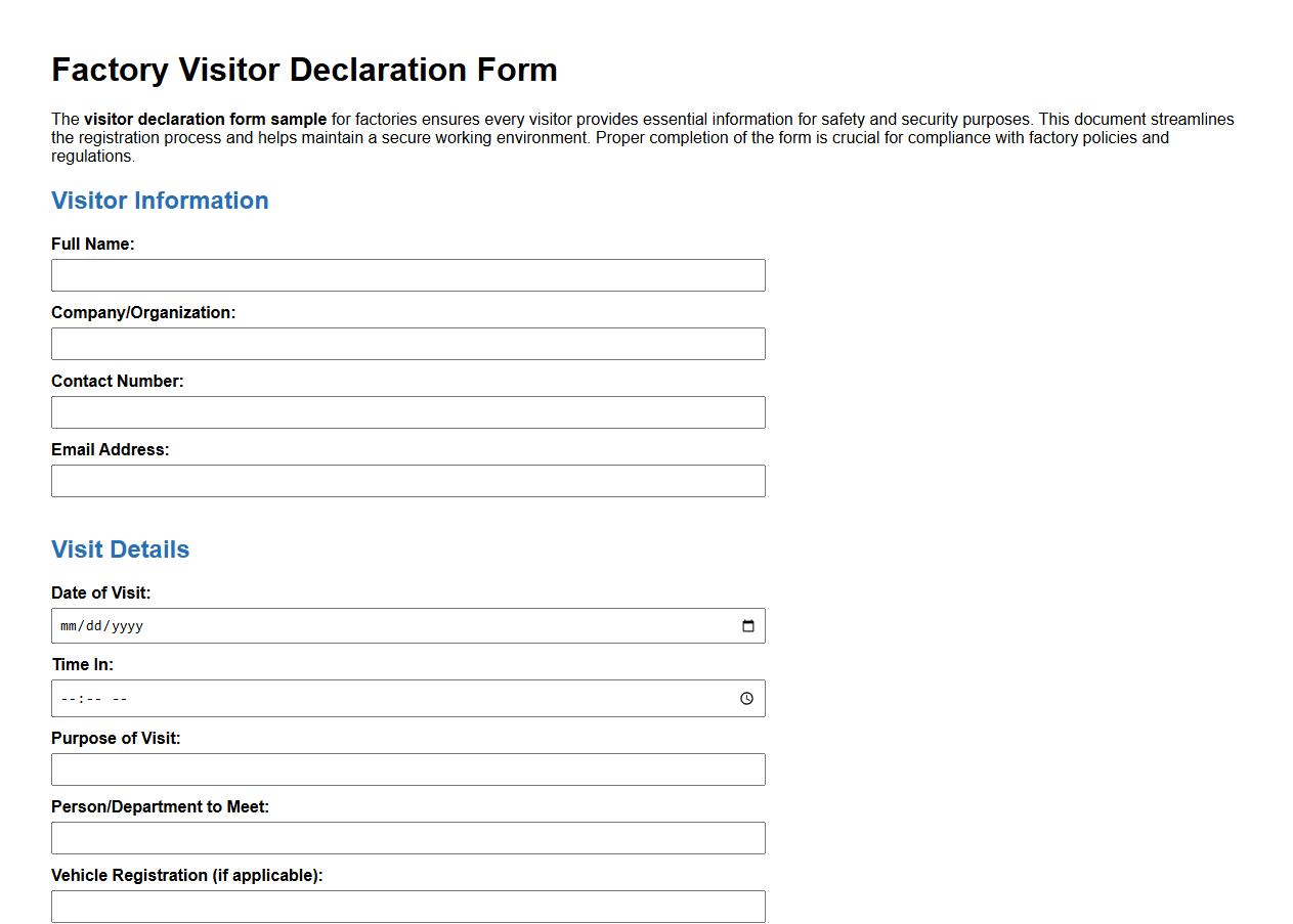 visitor declaration form sample for factories image preview