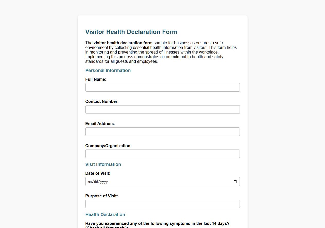 Visitor health declaration form sample for businesses image preview
