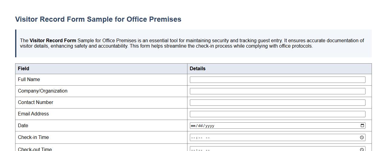 Visitor Record Form Sample for Office Premises image preview