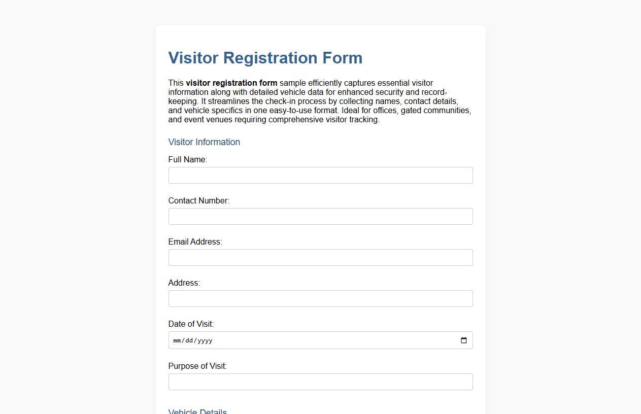 Visitor registration form sample including vehicle details image preview