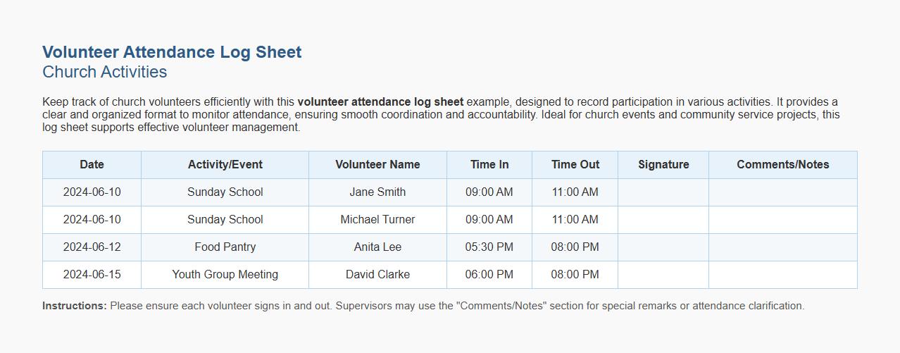 volunteer attendance log sheet example for church activities image preview