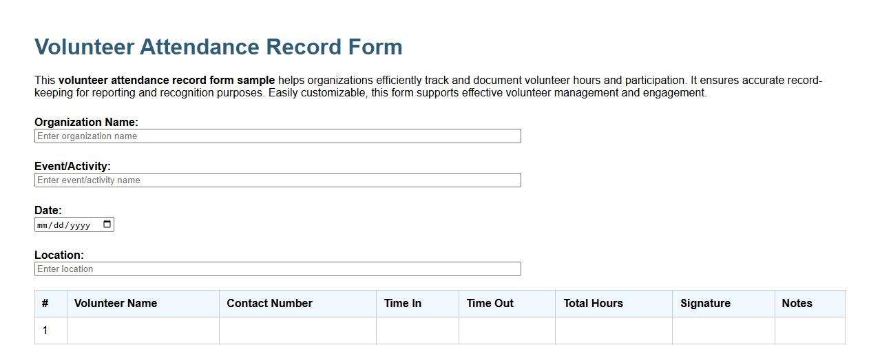 volunteer attendance record form sample image preview