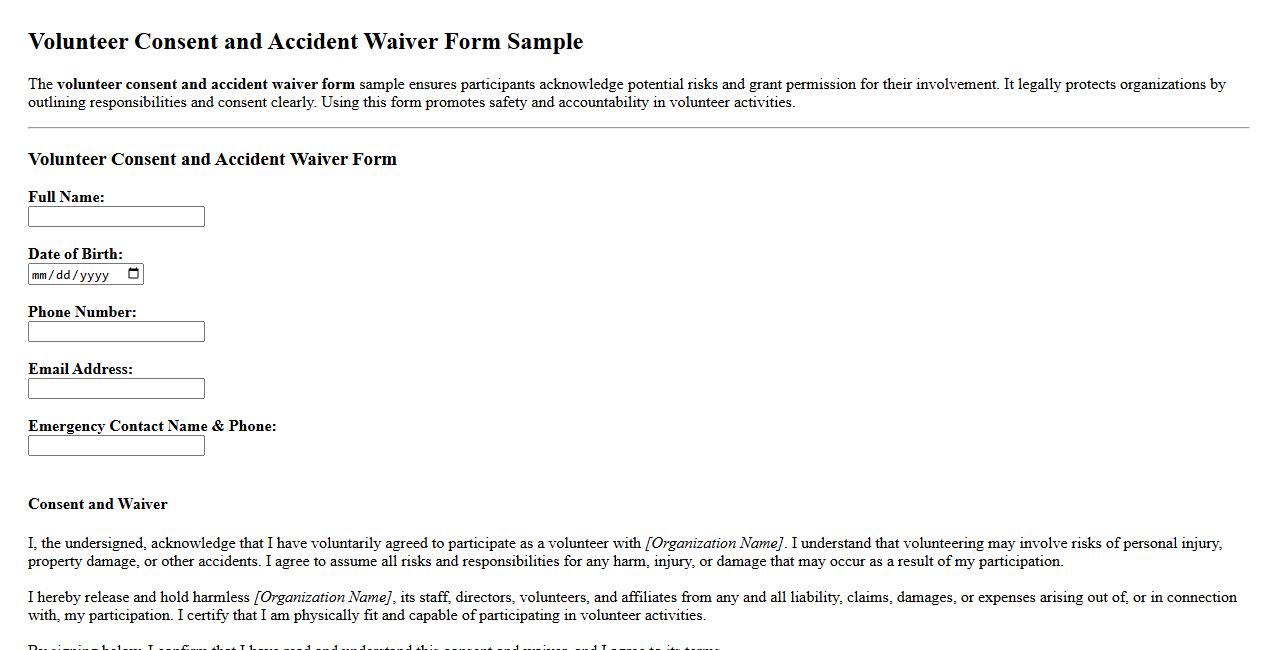 Volunteer consent and accident waiver form sample image preview