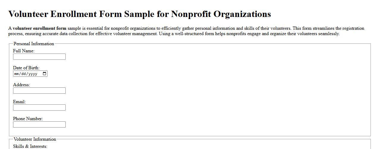 Volunteer enrollment form sample for nonprofit organizations image preview