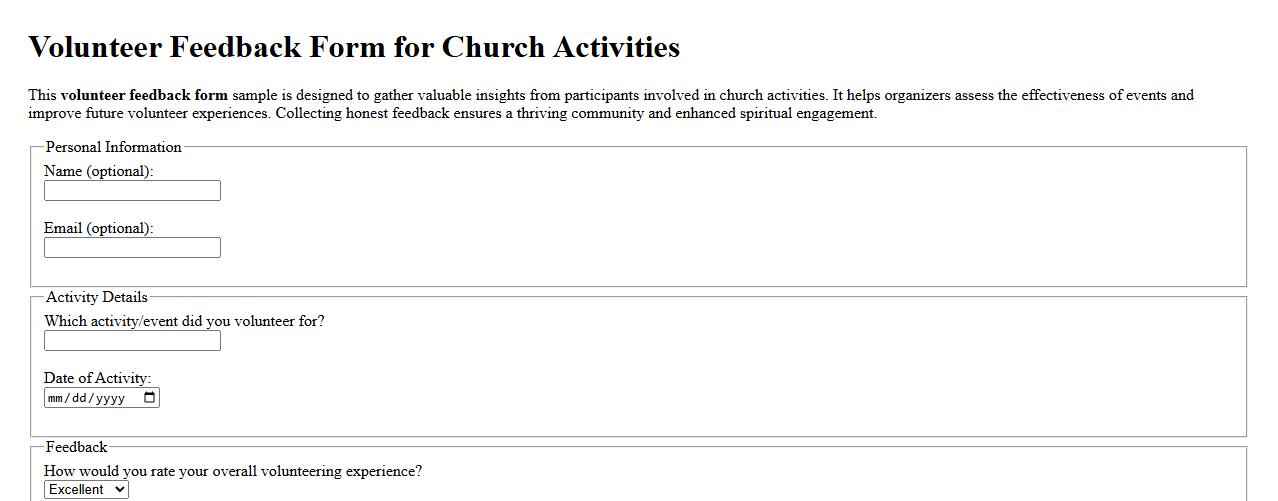 Volunteer feedback form sample for church activities image preview