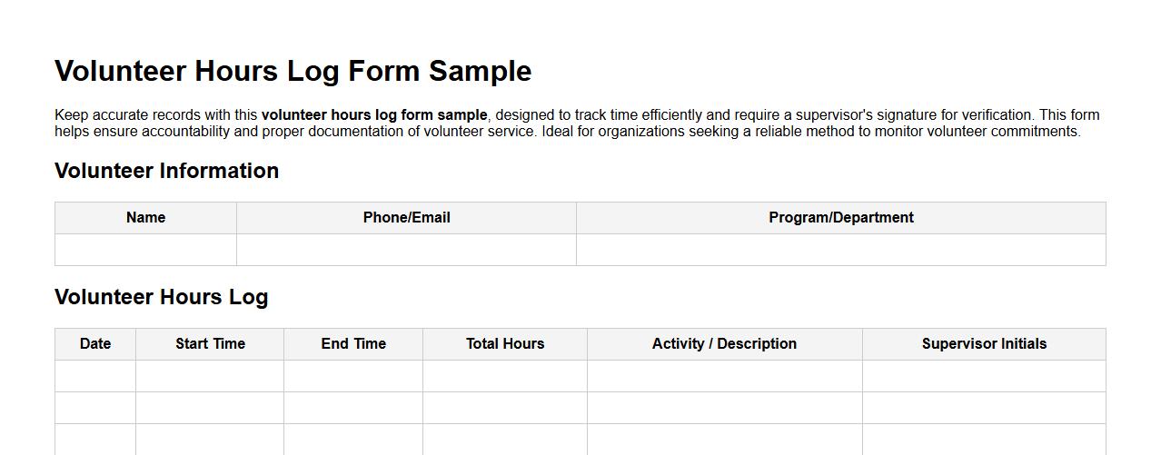 Volunteer hours log form sample with supervisor signature image preview