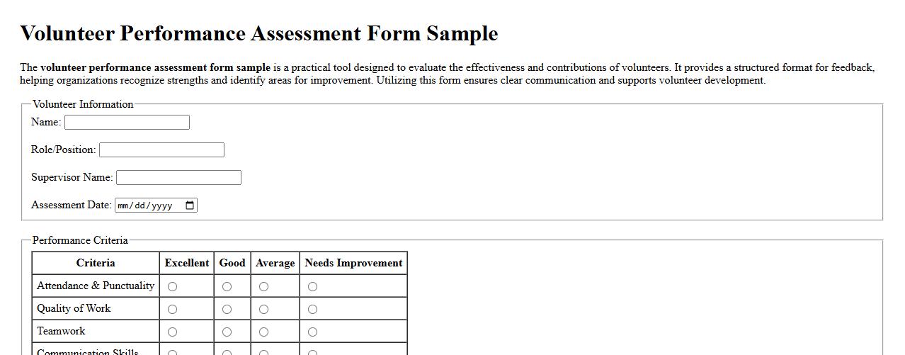 Volunteer performance assessment form sample image preview