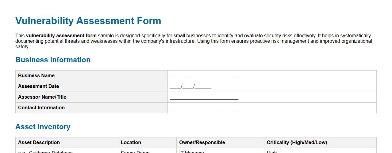 vulnerability assessment form sample for small business image preview