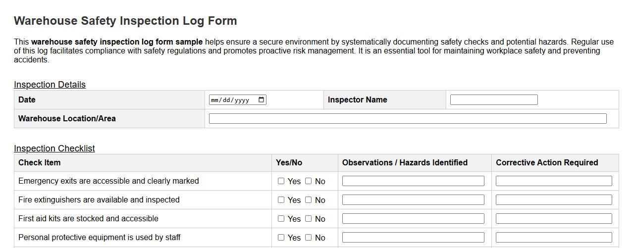 Warehouse safety inspection log form sample image preview